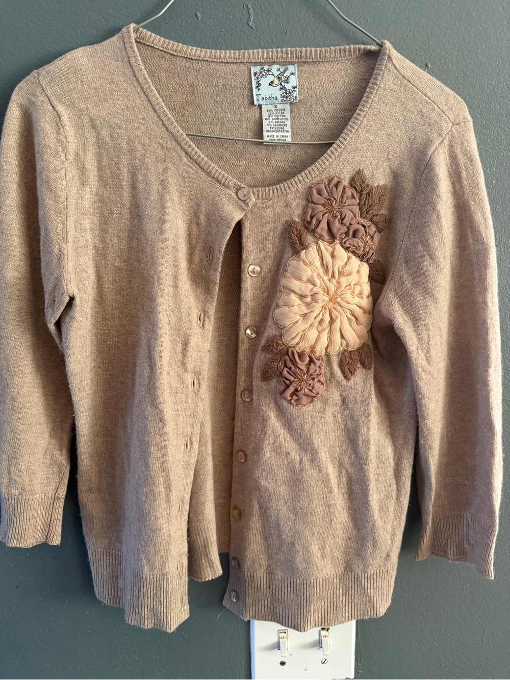 Vintage Anthropologie Tabitha Floral Appliqué Beaded Wool Blend Cardigan
